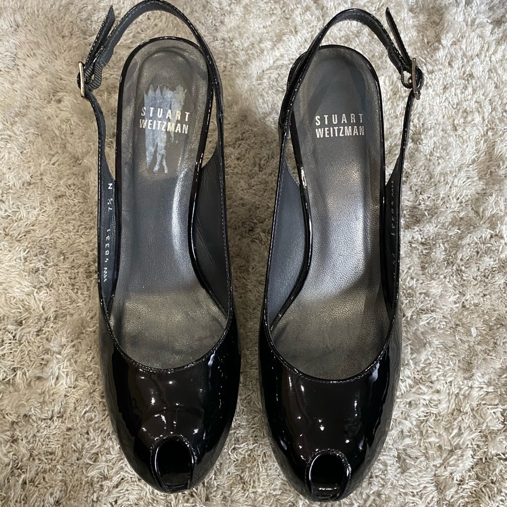 Stuart Weitzman Black Patent Peep Toe Heels